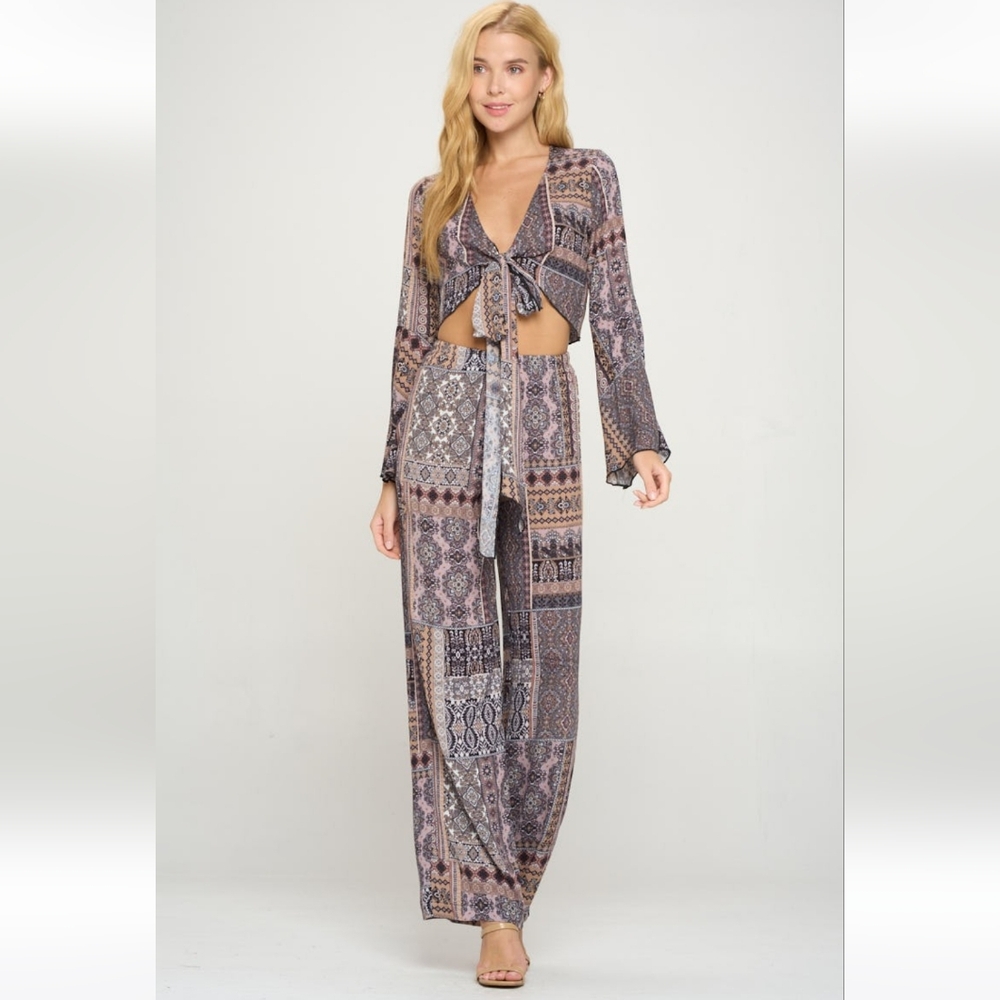 MILEY & MOLLY Tie front bell sleeve crop cardigan palazzon pant Size Medium